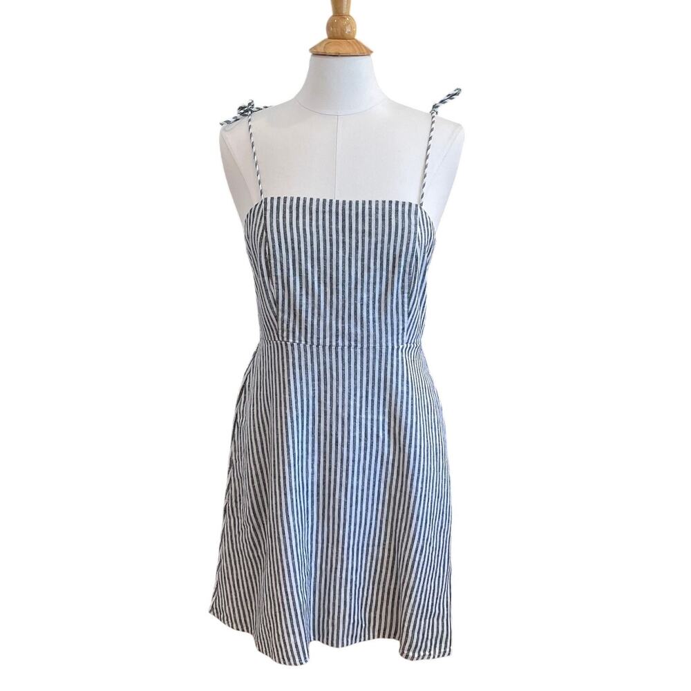 Old Navy Cami Tie-Strap Linen Blend Dress, Navy Blue Stripe, Pockets, Size M